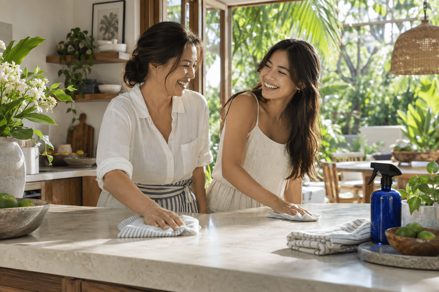Everyday cleaning and care in a bright, plant-filled home