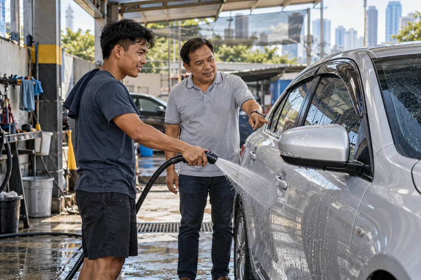 Illustrative car-care scene with two Filipino adults discussing a vehicle wash.