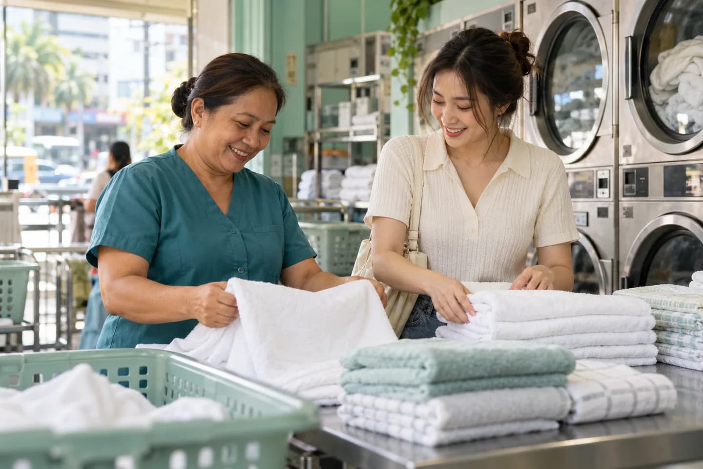 Illustrative laundromat scene with a Filipino attendant and customer sorting clean linens.
