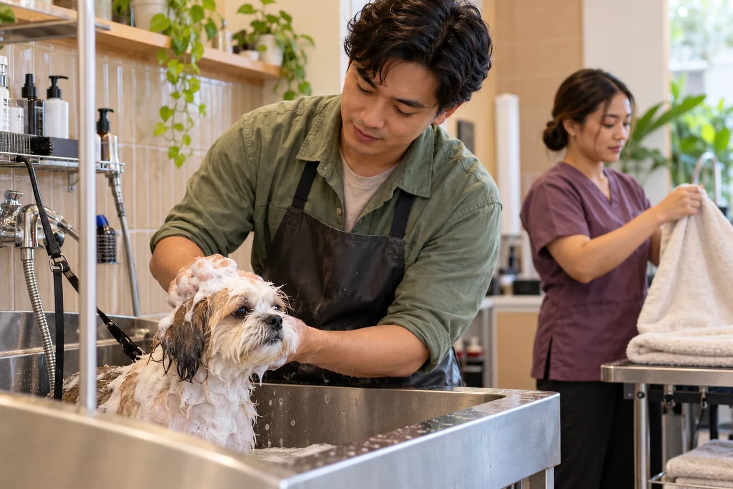 Illustrative pet-grooming scene with a Filipino groomer washing a small dog.