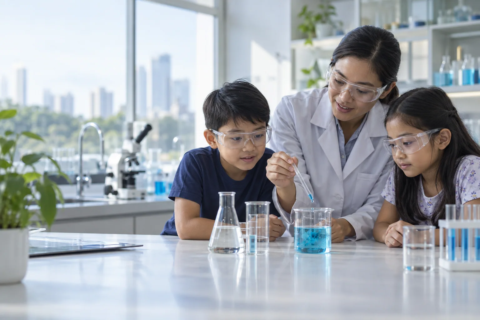 A Filipina chemist guides two children through a supervised science activity in a bright laboratory.