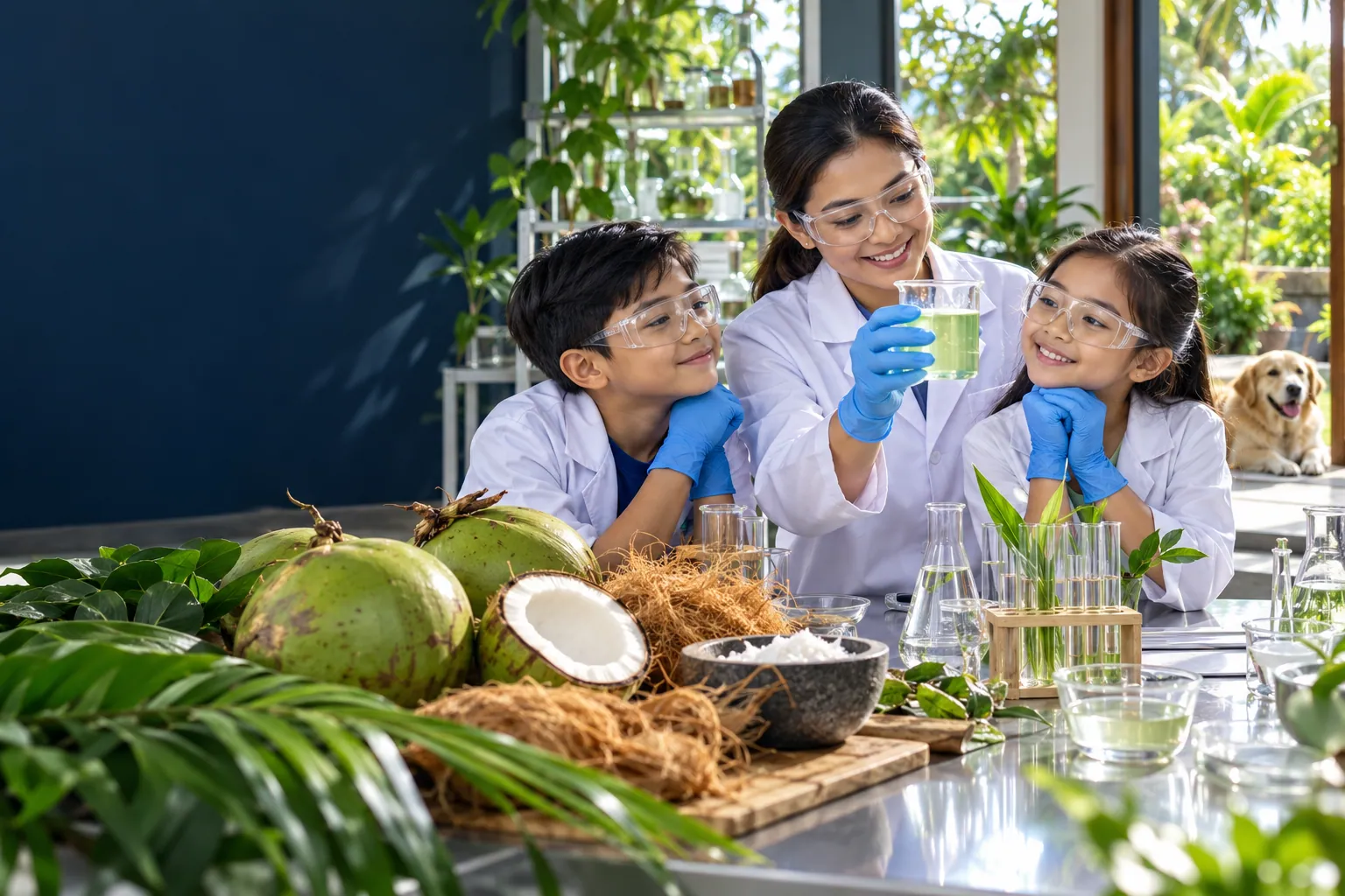 A Filipino formulator guides two children through a supervised beaker demonstration beside coconuts and tropical plants, with a dog resting nearby.