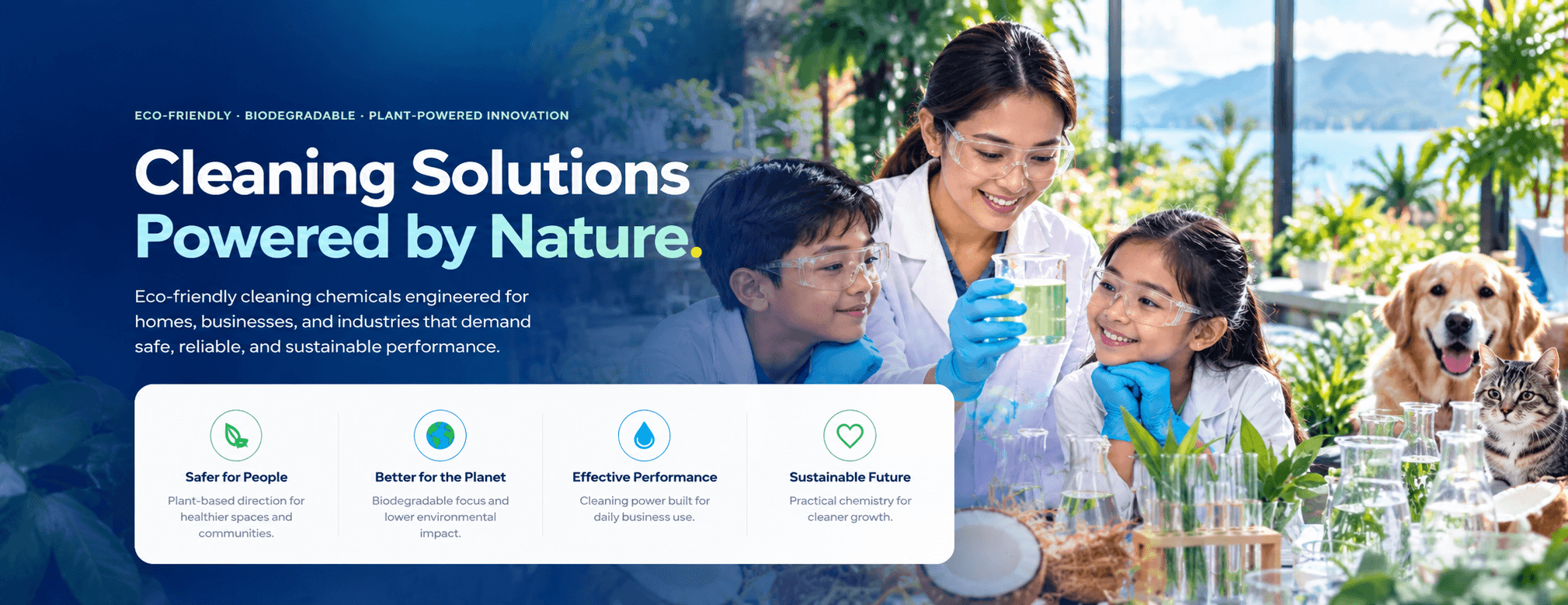A Filipino formulator guides two children through a supervised beaker demonstration beside coconuts and tropical plants, with a dog resting nearby.