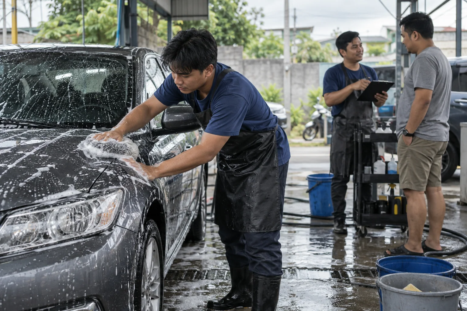 Car-care workers wash a vehicle and discuss its finish with a customer.