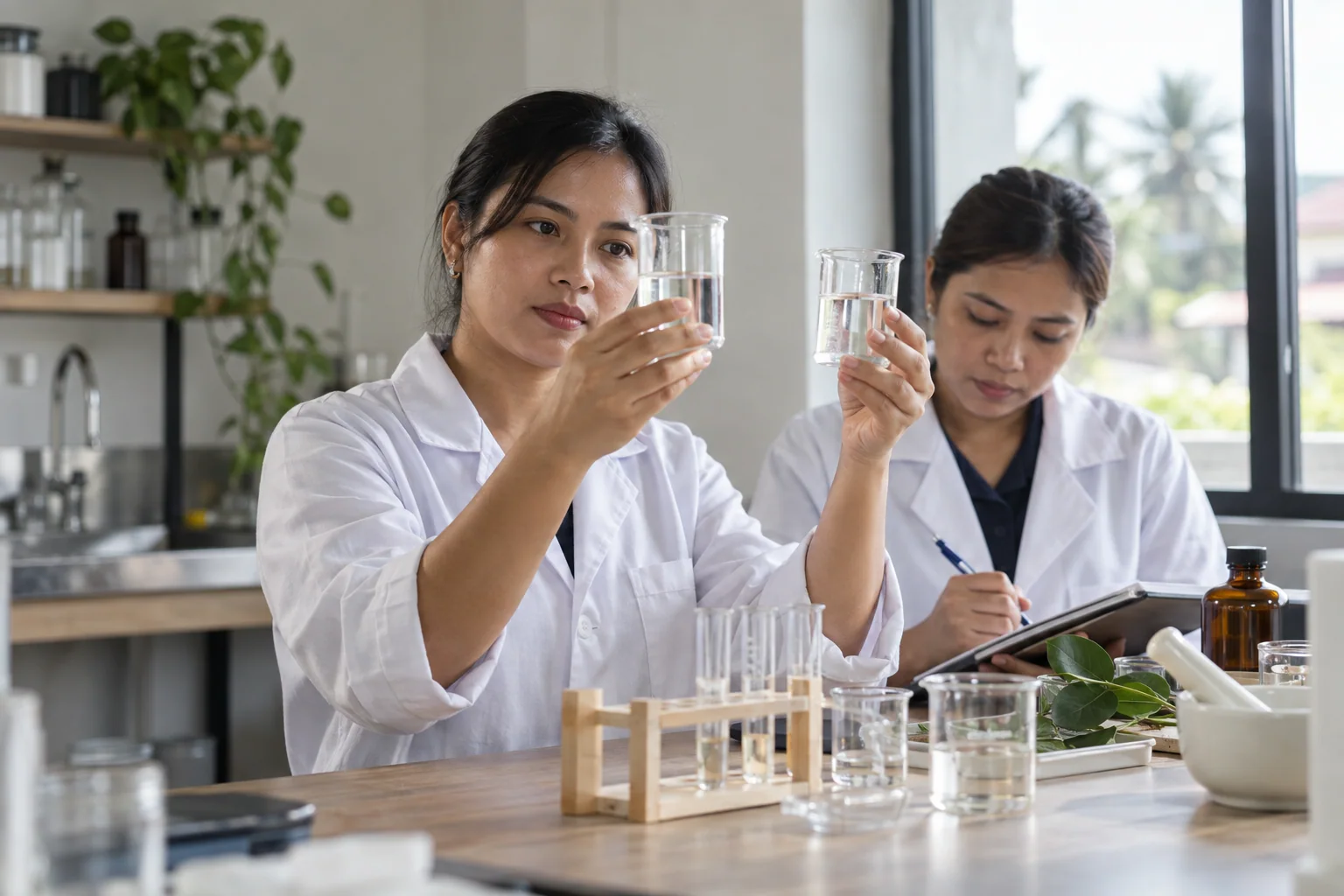 Product-development workers review liquid samples at a workbench.