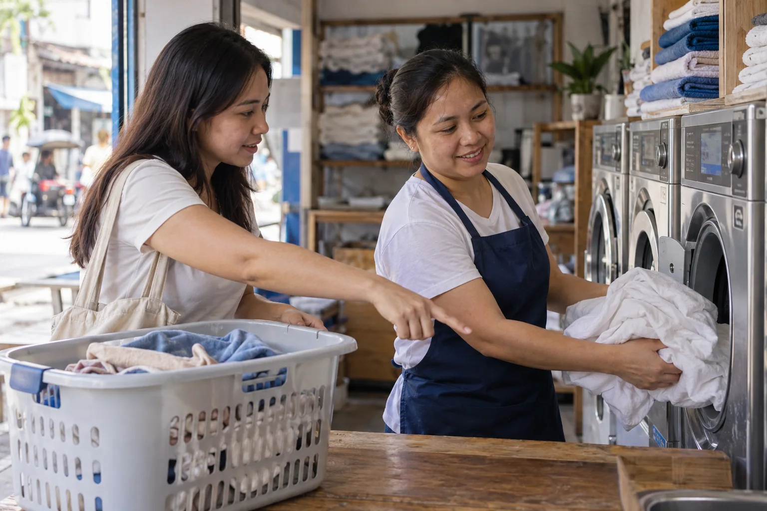 A laundry worker assists a customer at a neighborhood laundromat.